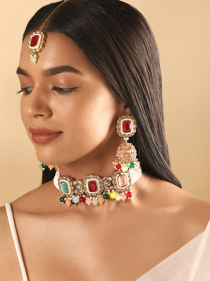 Rubans Mehandi Gold plated Reverse AD &amp; Pearl Beaded Jewellery Set Earrings