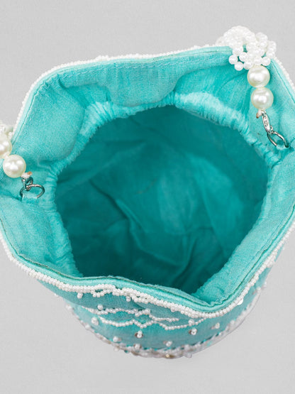 Rubans Mint Coloured Potli Bag With Golden And White Embroided Design. Handbag &amp; Wallet Accessories
