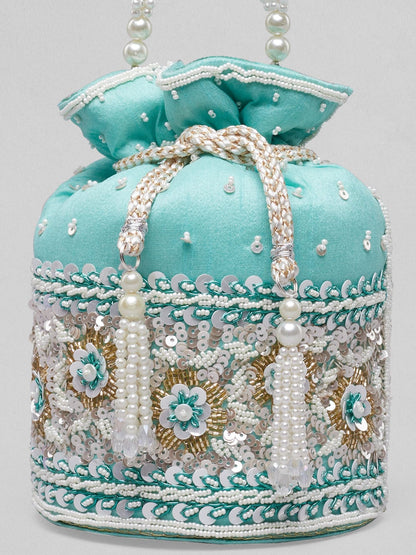 Rubans Mint Coloured Potli Bag With Golden And White Embroided Design. Handbag &amp; Wallet Accessories