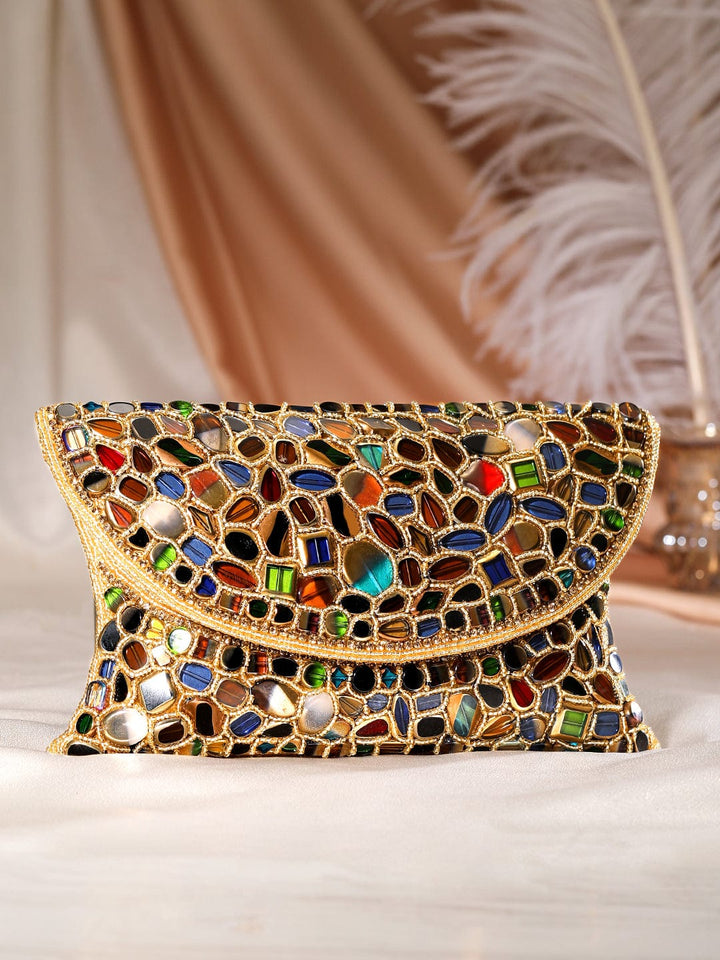 Rubans Multicolour Stone Studded Clutch Bag With Golden Embroided Design. Handbag & Wallet Accessories