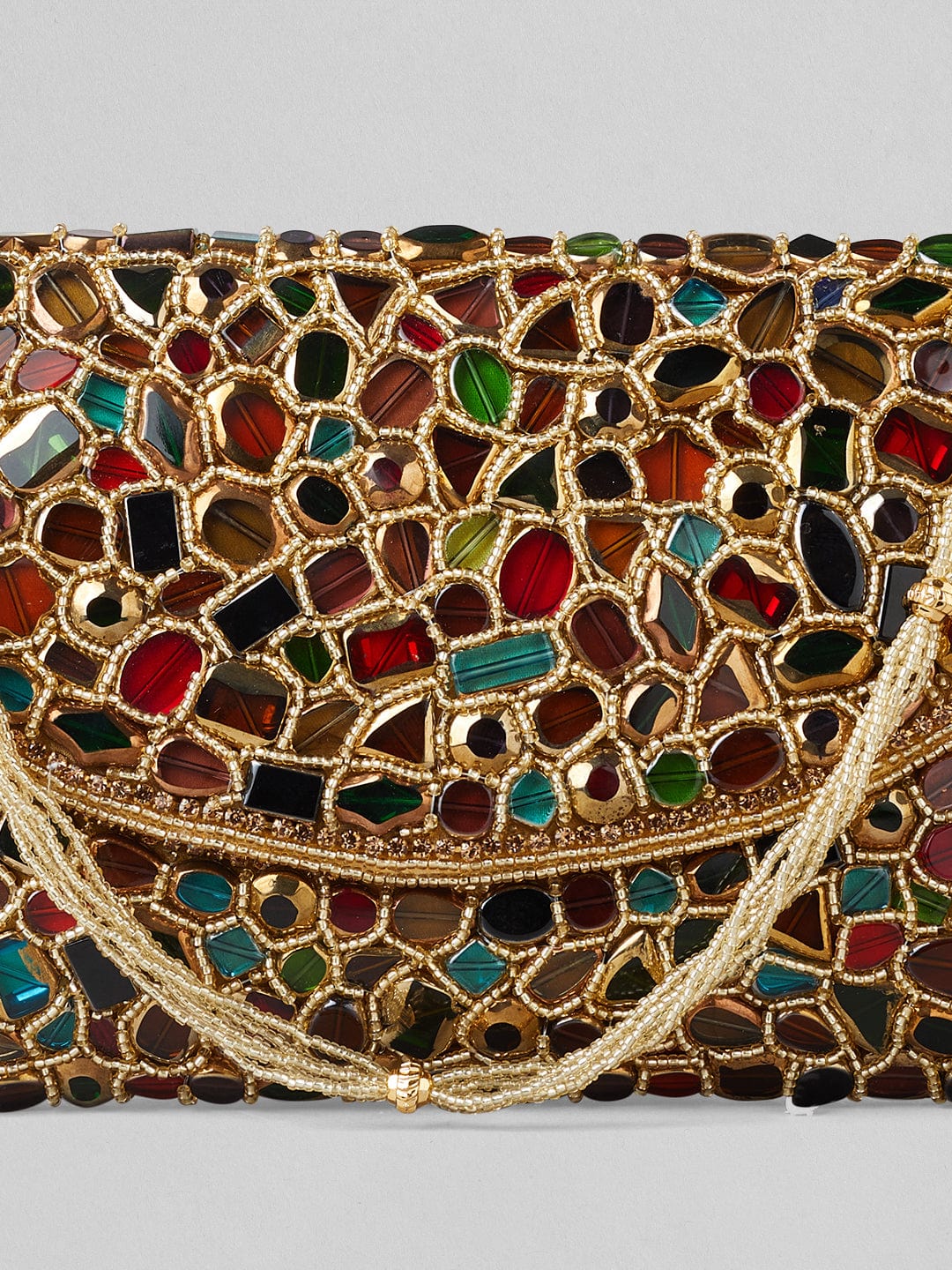 Rubans Multicolour Stone Studded Clutch Bag With Golden Embroided Design. Handbag & Wallet Accessories