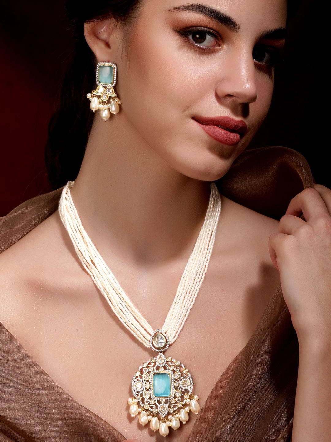 Rubans Ocean's Elegance White Pearl Blue Stone Necklace Set Jewellery Sets