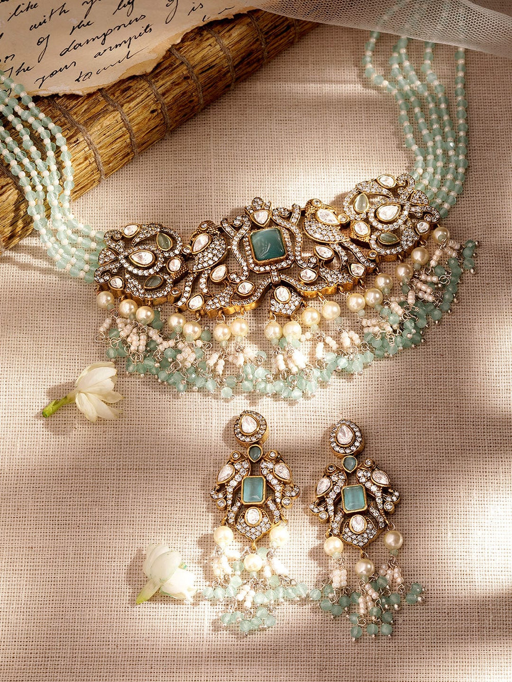 Rubans Ocean's Elegance: White Pearl Blue Stone Necklace Set Jewellery Sets