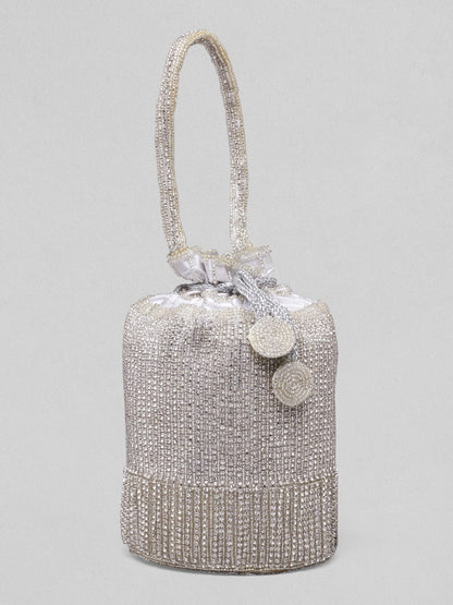 Rubans Off White Coloured Potli Bag With Embroided Design And Pearls. Handbag &amp; Wallet Accessories