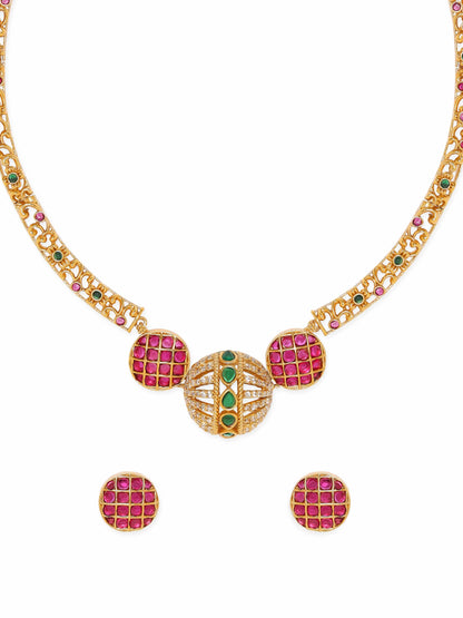 Rubans Opulent Gold-Plated AD &amp; Green Stone Necklace Set Jewellery Sets