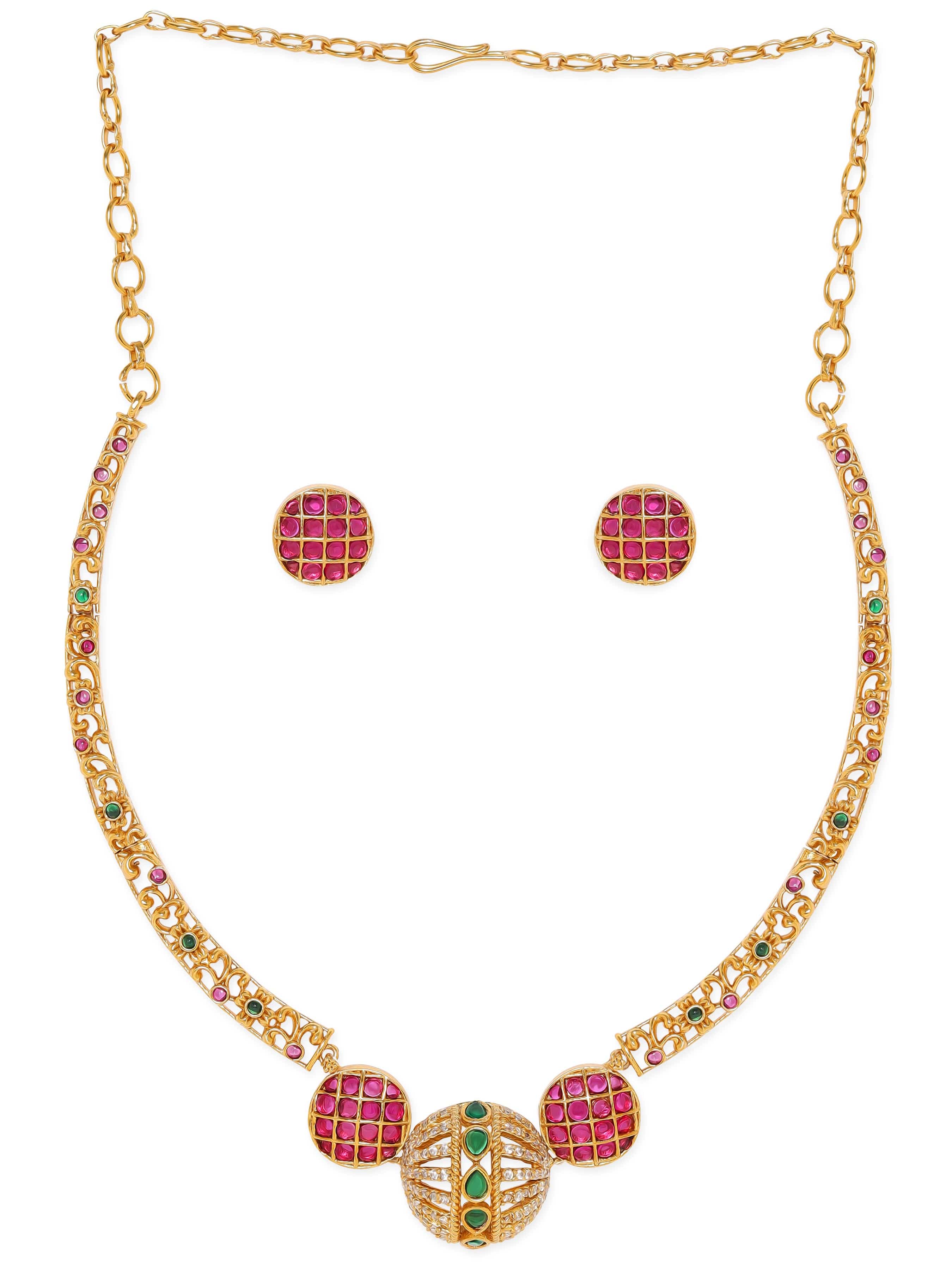 Rubans Opulent Gold-Plated AD &amp; Green Stone Necklace Set Jewellery Sets