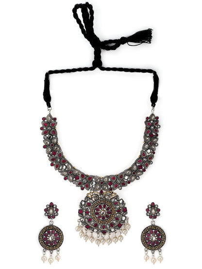 Rubans Oxidised Ruby Studded  Necklace Set Necklace Set