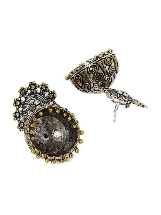 Rubans Oxidised Silver & Antique Gold-Toned Dome-Shaped Jhumka Earrings Earrings