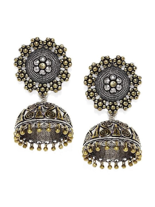 Rubans Oxidised Silver & Antique Gold-Toned Dome-Shaped Jhumka Earrings Earrings