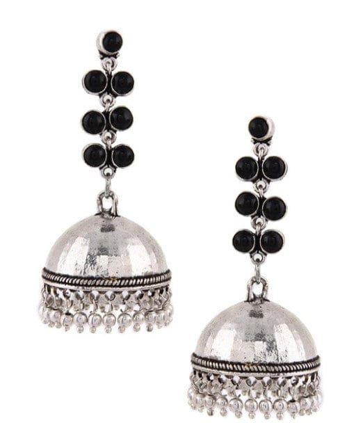 Rubans Oxidised silver Plated black colorstone long jhumka earrings Earrings