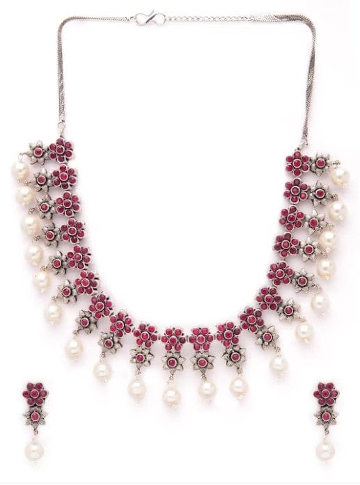 Rubans Oxidised Silver Plated Embellished With Faux Ruby Floral Necklace Set Necklace Set