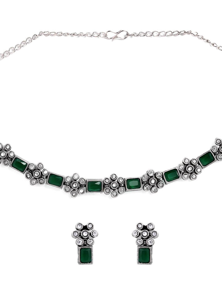 Rubans Oxidised Silver Plated Handcrafted Green Stone Floral Necklace Set Necklace Set