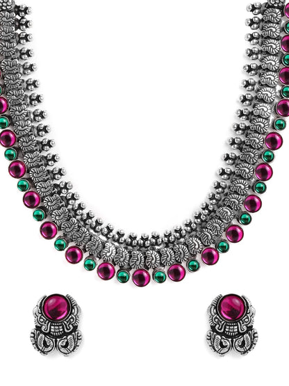 Rubans Oxidised Silver Plated Handcrafted Paisley shape Pink &amp; Green Stone Necklace Set Necklace Set