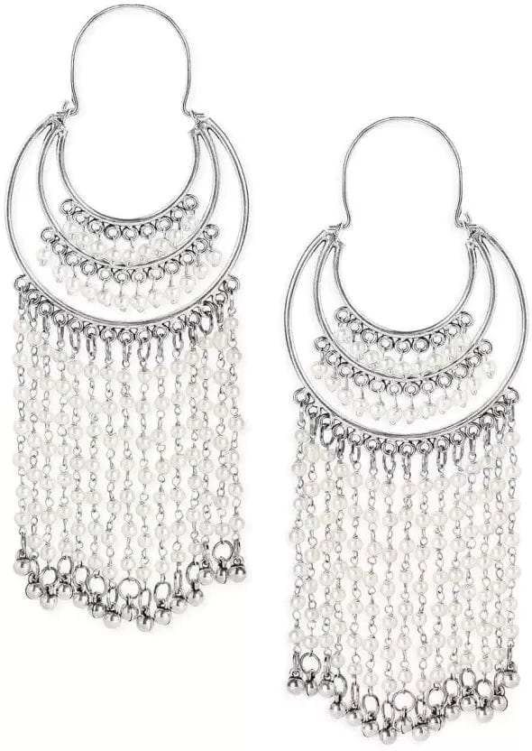 Rubans Oxidised Silver Plated Handcrafted White Pearls Layered Hoop Earrings Earrings