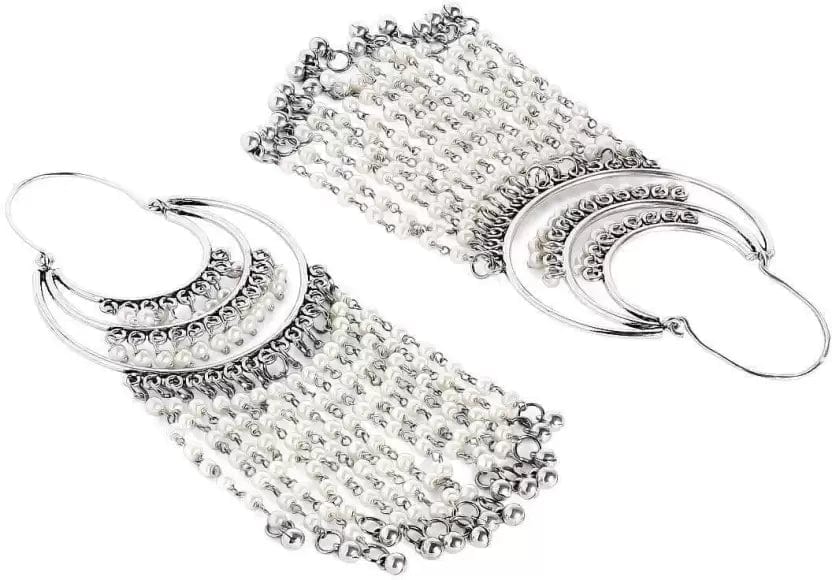 Rubans Oxidised Silver Plated Handcrafted White Pearls Layered Hoop Earrings Earrings