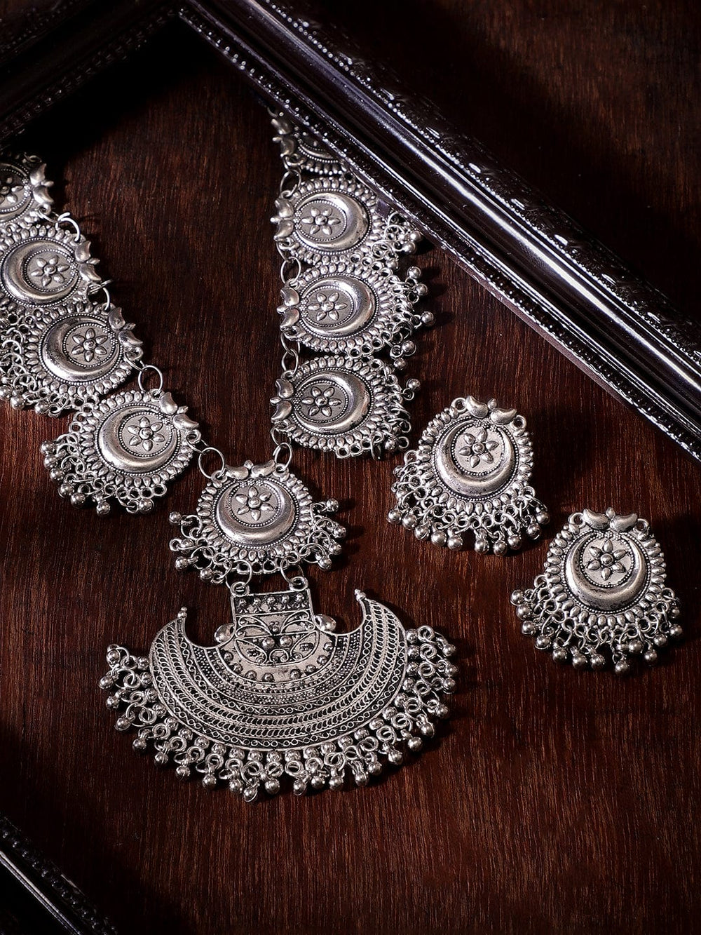 Rubans Oxidized Plated Ghungroo Beaded Crystal Statement Necklace Set Jewellery Sets