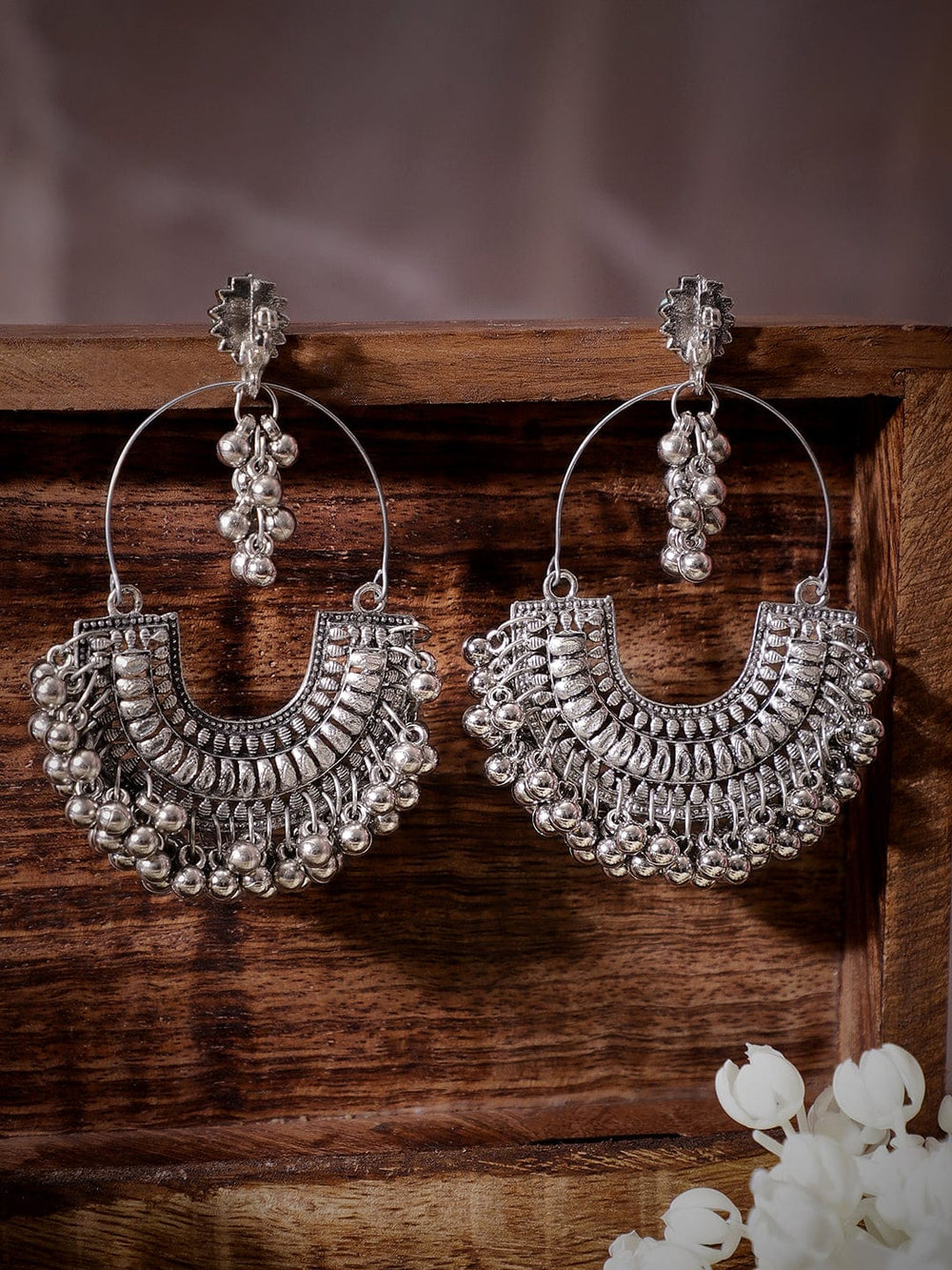Rubans Oxidized Plated Peackok Motif Ghungroo Beaded Handcrafted Jhumka Earrings Earrings