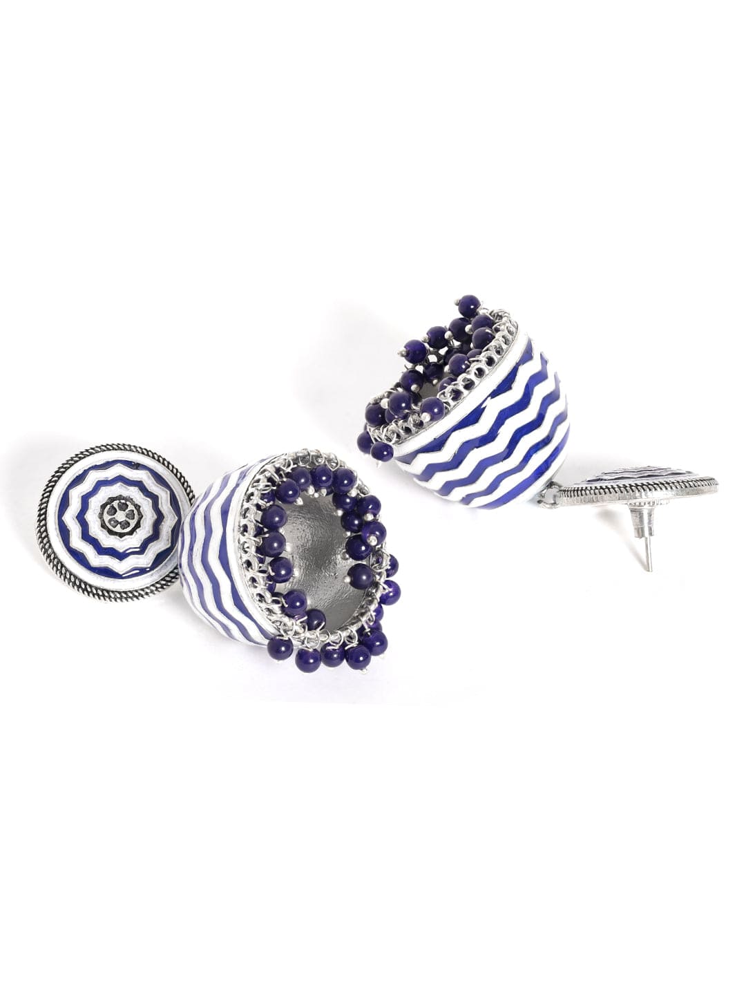 Rubans Oxidized silver Blue & White enamel organic textured Blue beaded Statement Jhumka Earrings Earrings