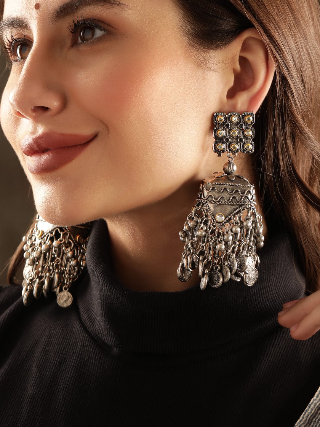 Rubans Oxidized silver pearl beaded statement Contemporary Jhumka Earrings Earrings