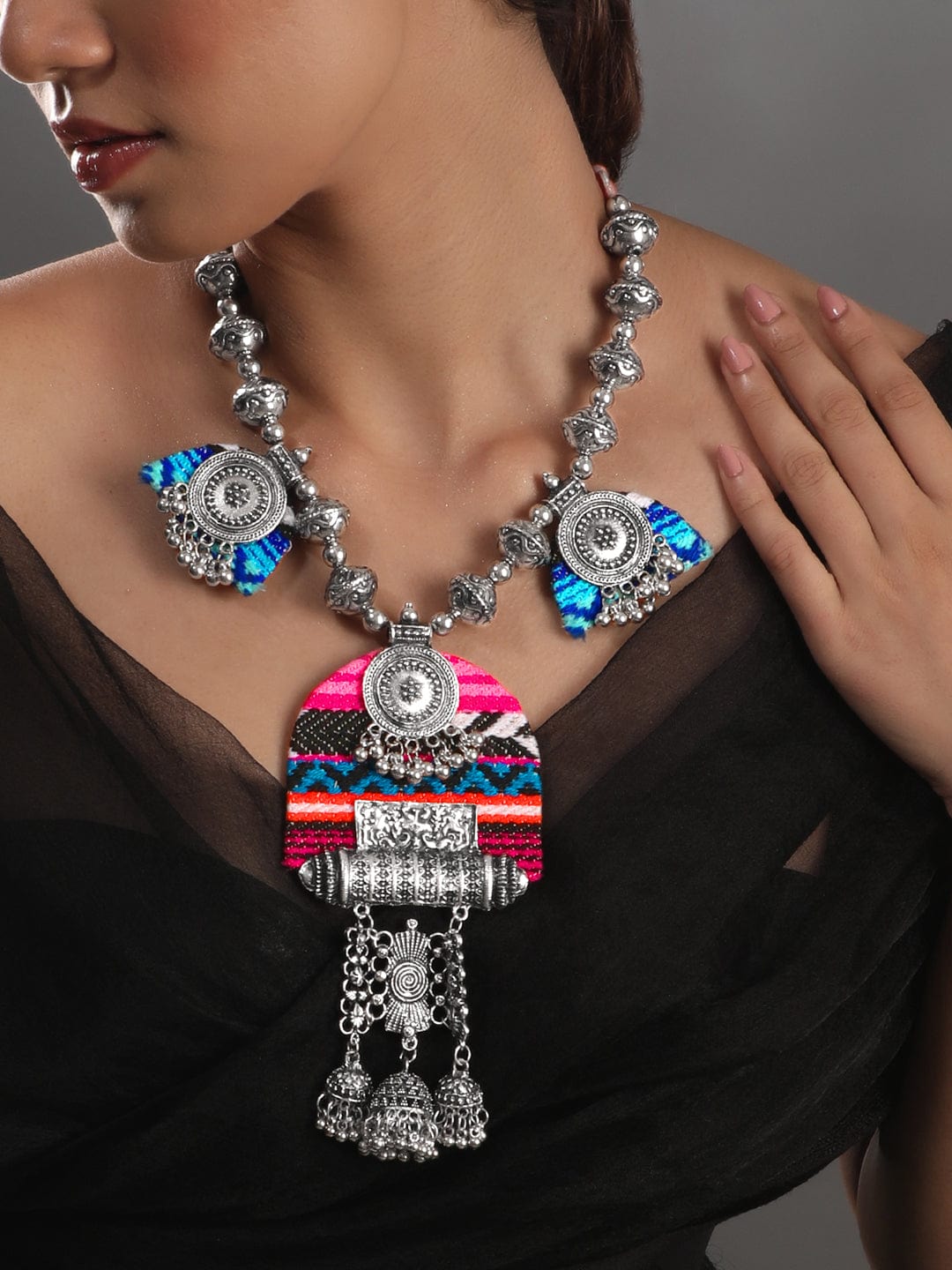 Rubans Oxidized Silver Plated Beaded & Threaded Statement Long Necklace Necklaces, Necklace Sets, Chains & Mangalsutra