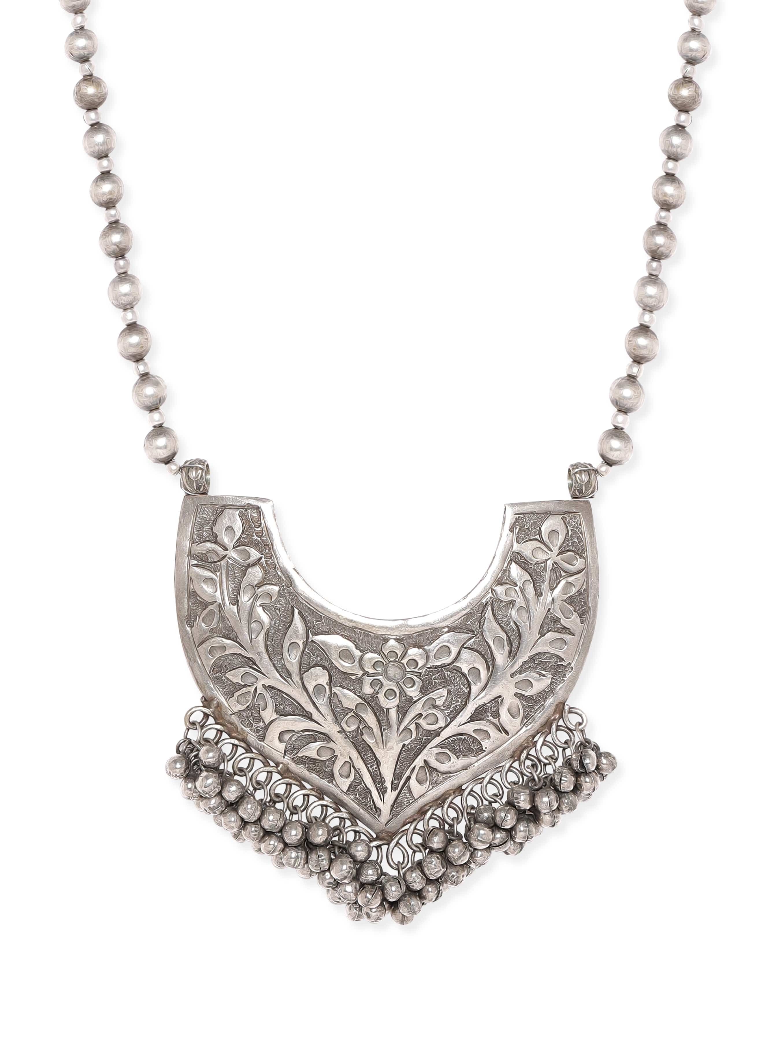Rubans Oxidized Silver Plated Embossed Statement Pendant &amp; ghungroo detail Long Necklace Necklace