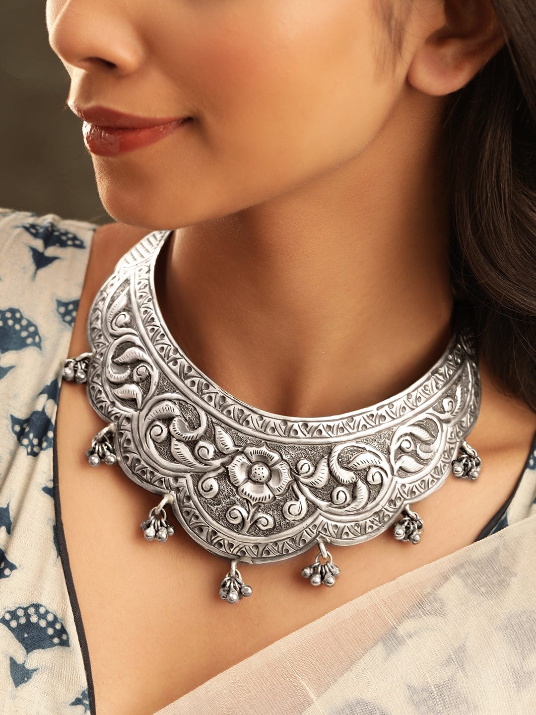 Rubans Oxidized Silver Plated Flower Choker Necklace with Ghungroo Hangings Necklaces, Chains & necklace