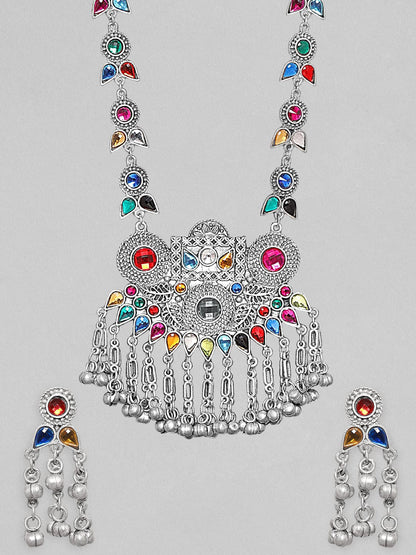 Rubans Oxidized Silver Plated Multicolour Stone Studded &amp; Ghungroos Long Necklace Set Necklace Set