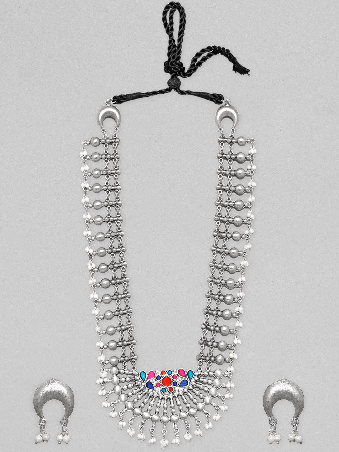 Rubans Oxidized Silver Plated Multicolour Stone Studded Statement Long Necklace Set Necklace Set