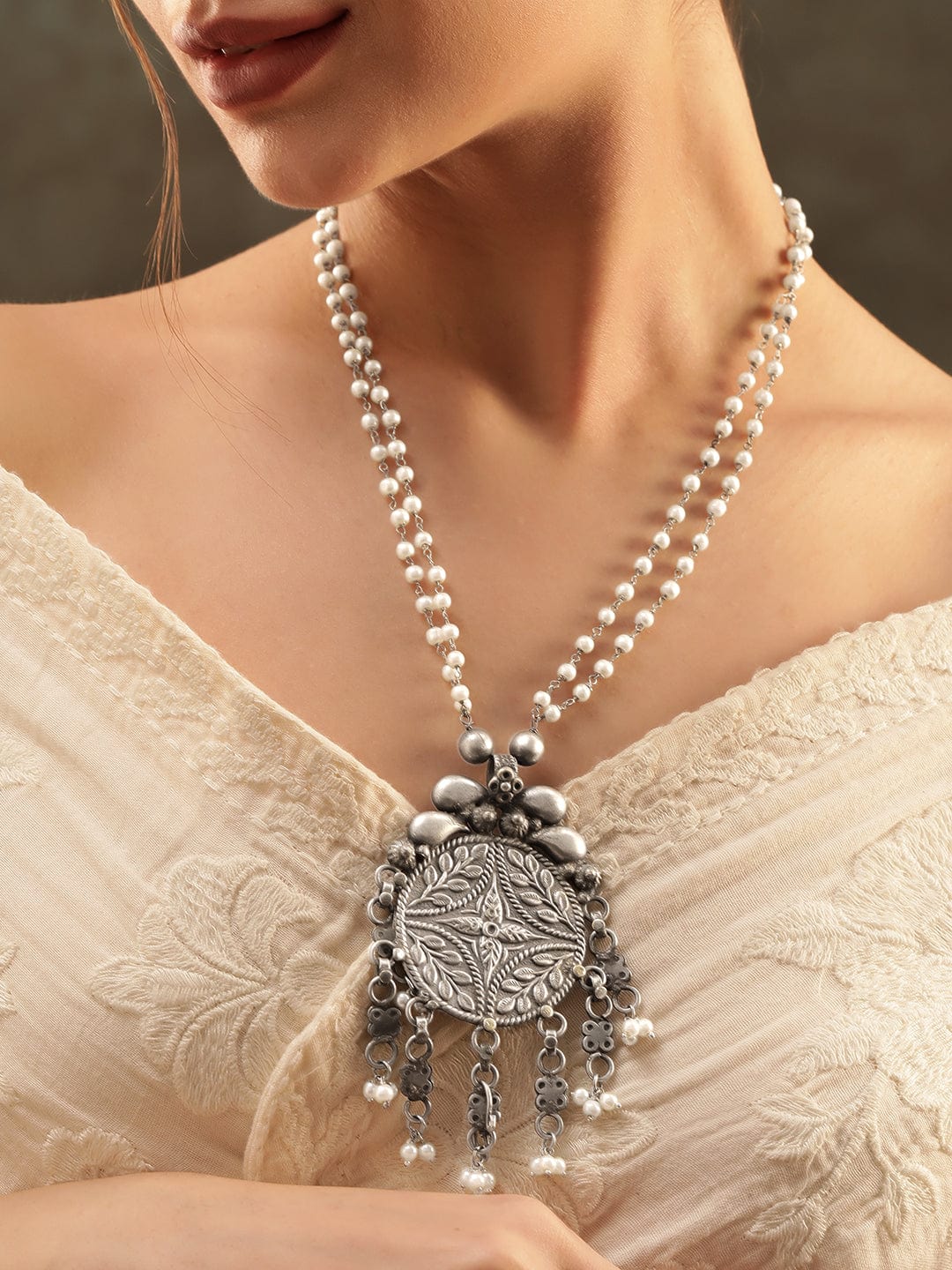 Rubans Oxidized Silver Plated Pearl Beaded Embossed Detailed Necklace Necklaces