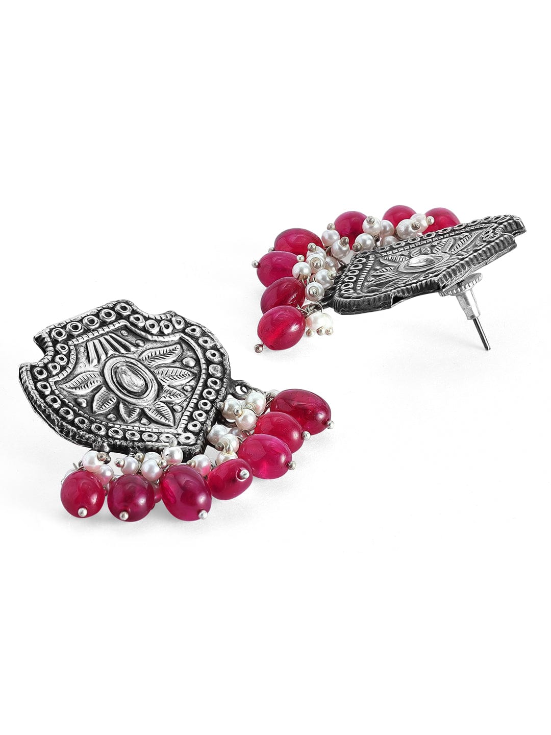 Rubans Oxidized Traditional Earrings With Red Beads Earrings