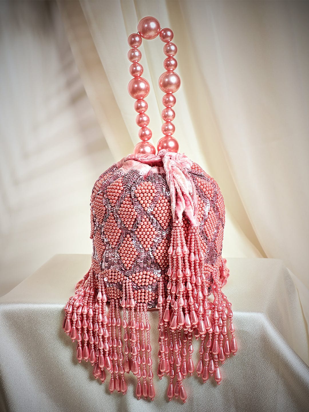 Rubans Peach Coloured Potli Bag Embellished With Peach Beads Handbag &amp; Wallet Accessories