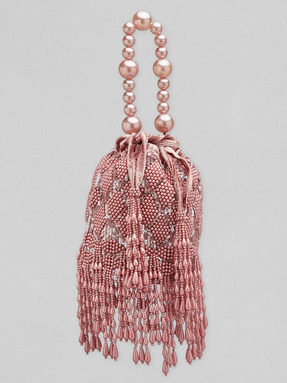 Rubans Peach Coloured Potli Bag Embellished With Peach Beads Handbag &amp; Wallet Accessories