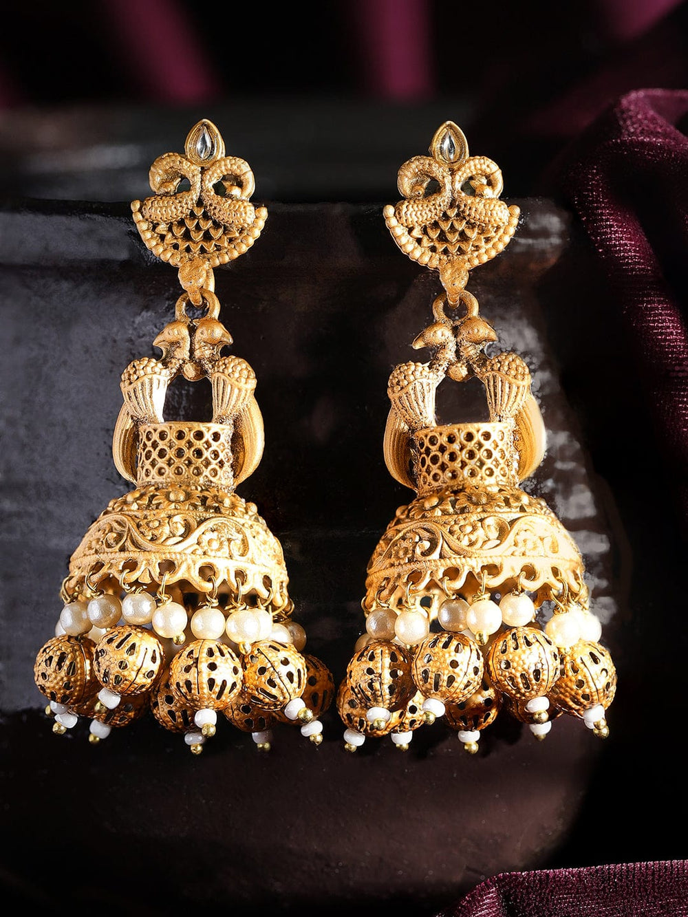 Rubans Peacock Gold Jhumka with Matte Finish and Golden Beads Hanging Earrings