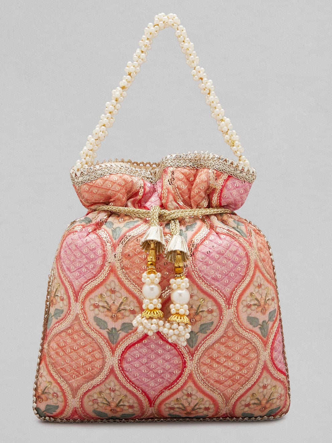 Rubans Pink And Orange Coloured Potlibag With Print And Pearls Handbag &amp; Wallet Accessories