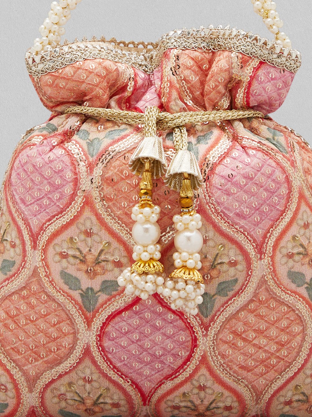 Rubans Pink And Orange Coloured Potlibag With Print And Pearls Handbag &amp; Wallet Accessories