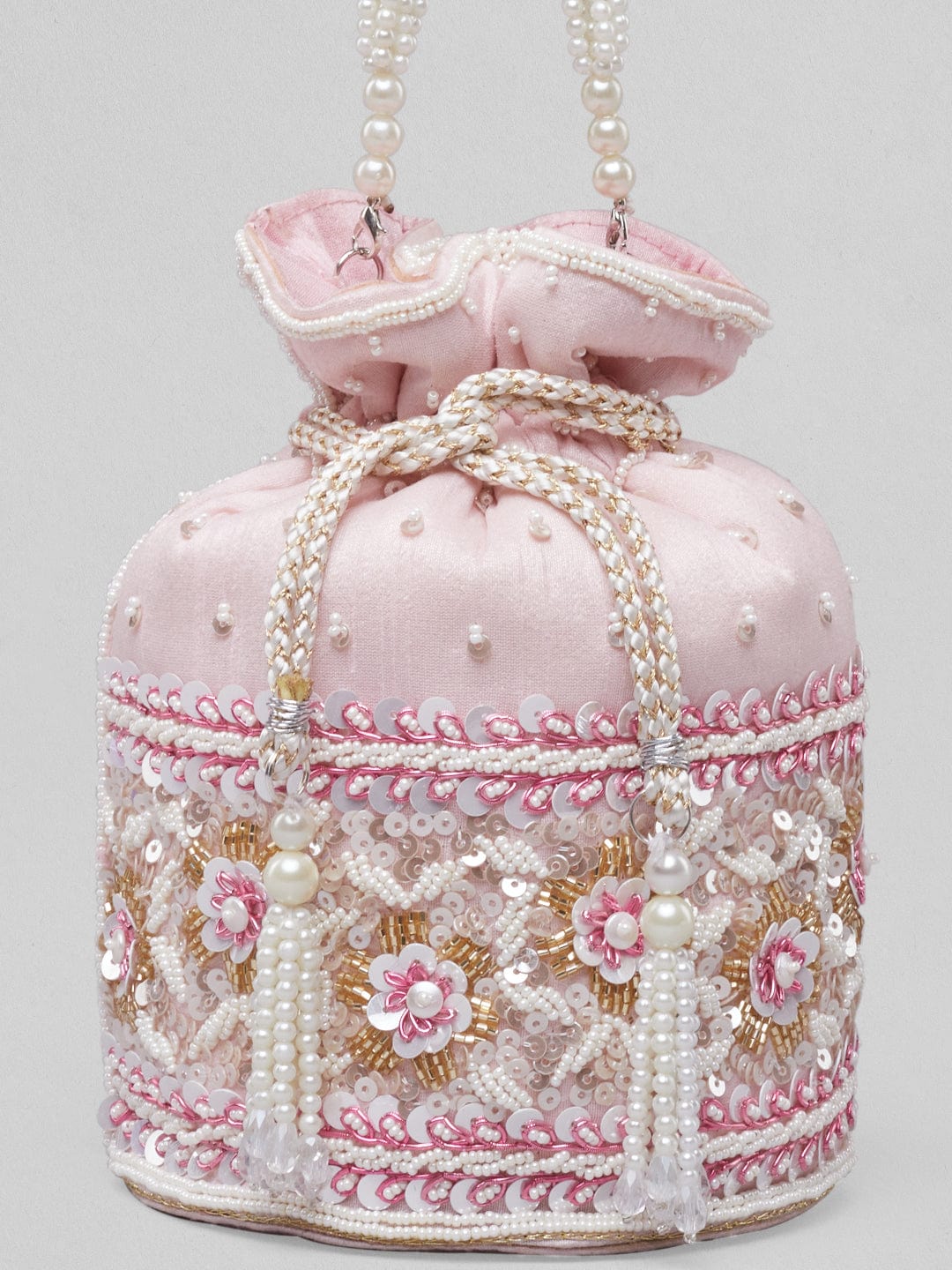 Rubans Pink Coloured Potli Bag With Golden And White Embroided Design. Handbag &amp; Wallet Accessories