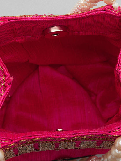 Rubans Pink Coloured Potli Bag With Golden Embroidery Design Handbag &amp; Wallet Accessories