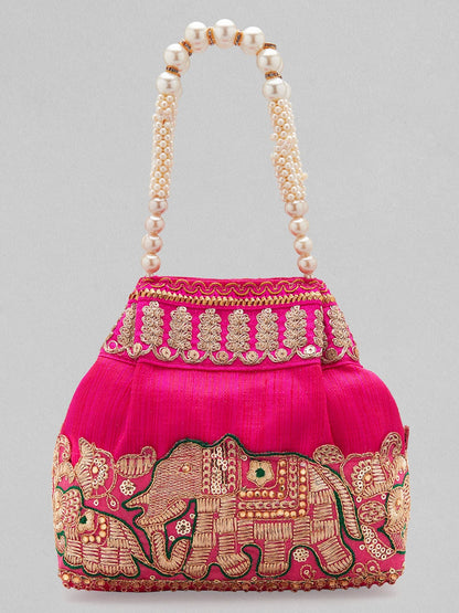 Rubans Pink Coloured Potli Bag With Golden Embroidery Design Handbag &amp; Wallet Accessories