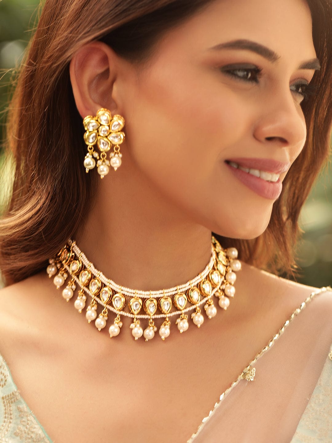 Rubans Radiant 22K Gold Plated Kundan and Pearl beaded Choker jewelry Set Jewellery Sets