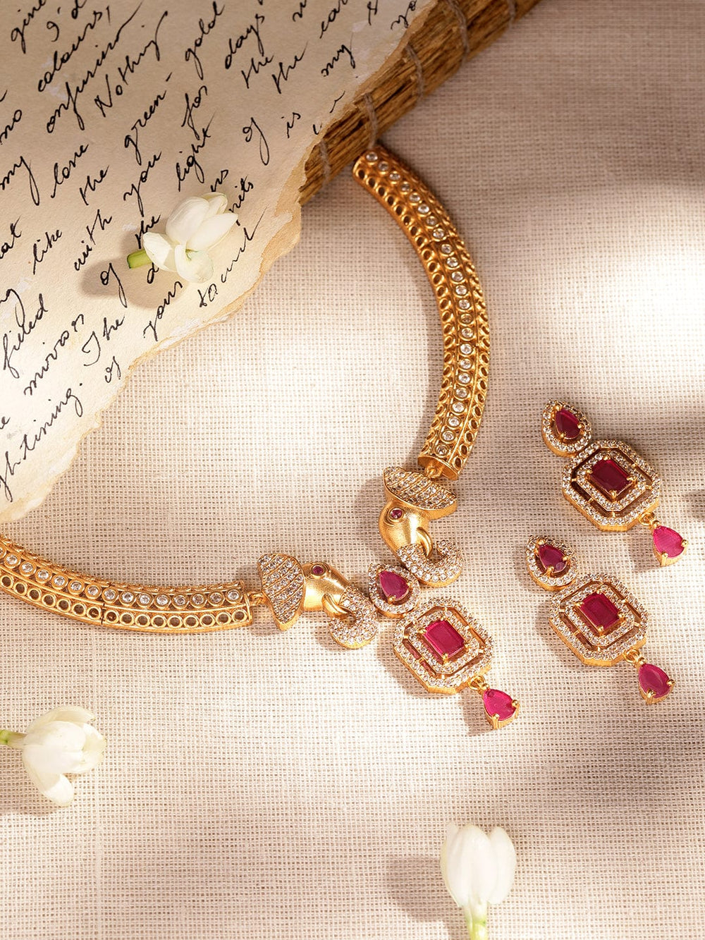 Rubans Radiant Gold-Plated AD & Pink Stone Necklace Set Jewellery Sets
