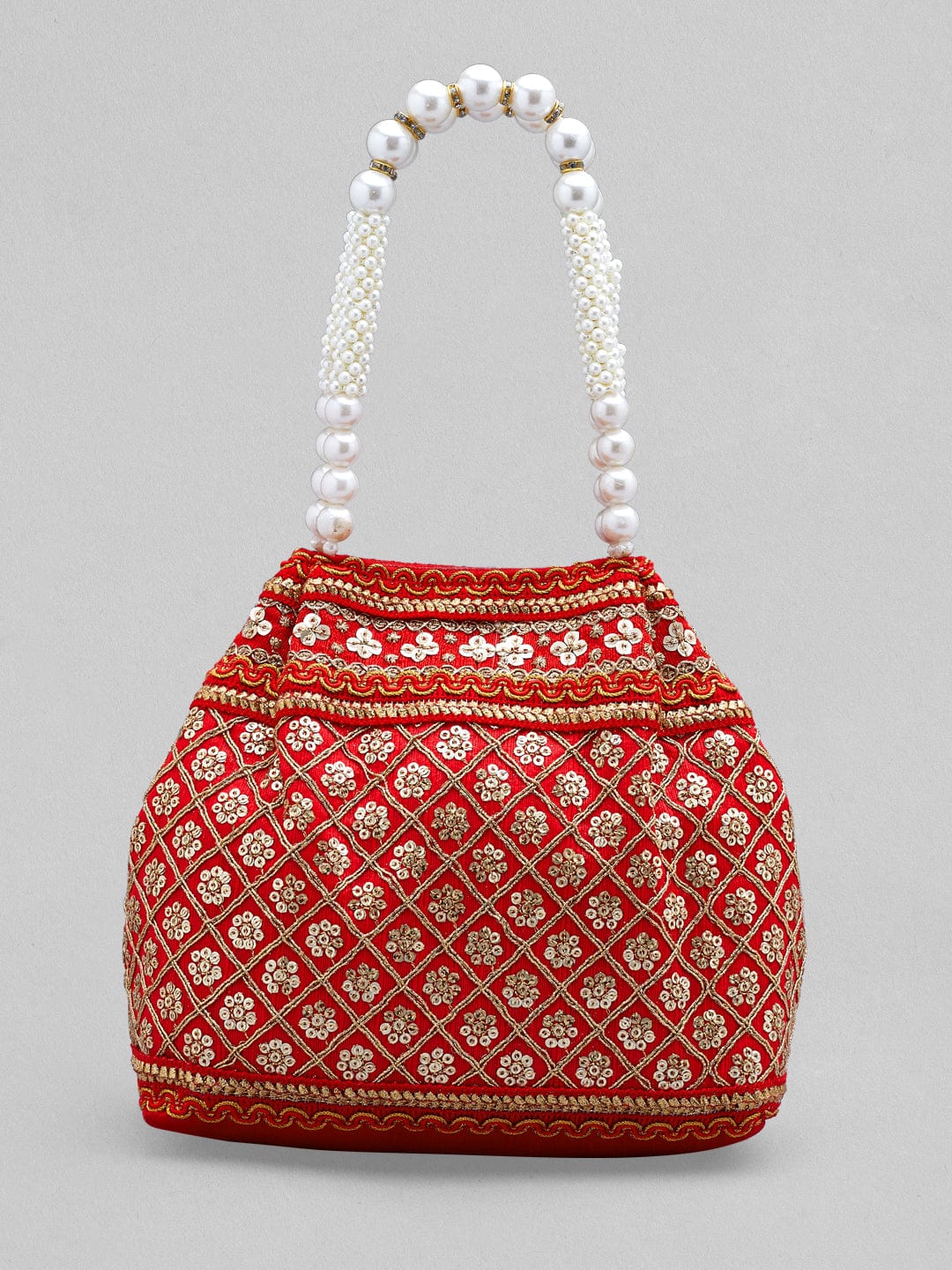 Rubans Red Coloured Potli Handbag With Golden Embroidery And Pearls Handbag &amp; Wallet Accessories