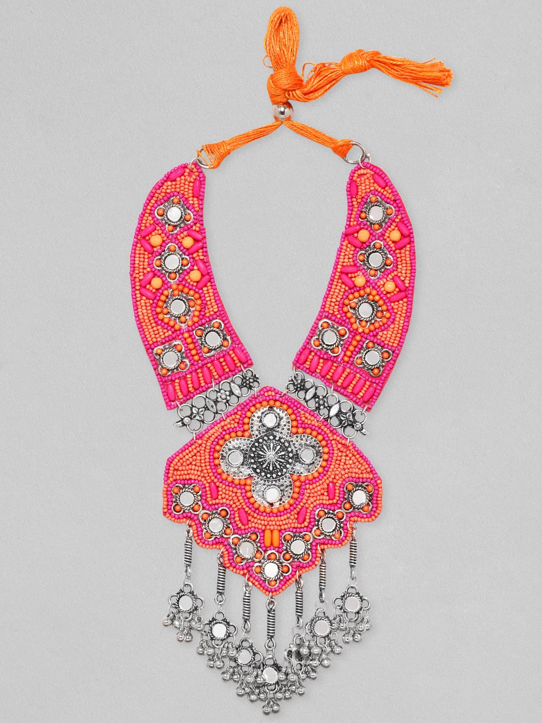 Rubans Red & Orange Beaded,Mirrors With Tassels Statement Long Necklace Chain & Necklaces