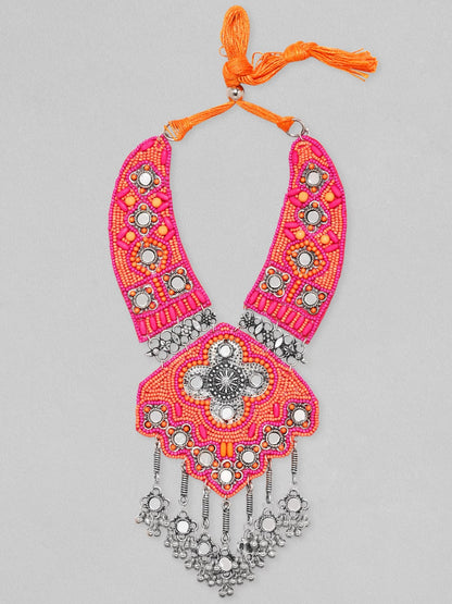 Rubans Red &amp; Orange Beaded,Mirrors With Tassels Statement Long Necklace Chain &amp; Necklaces