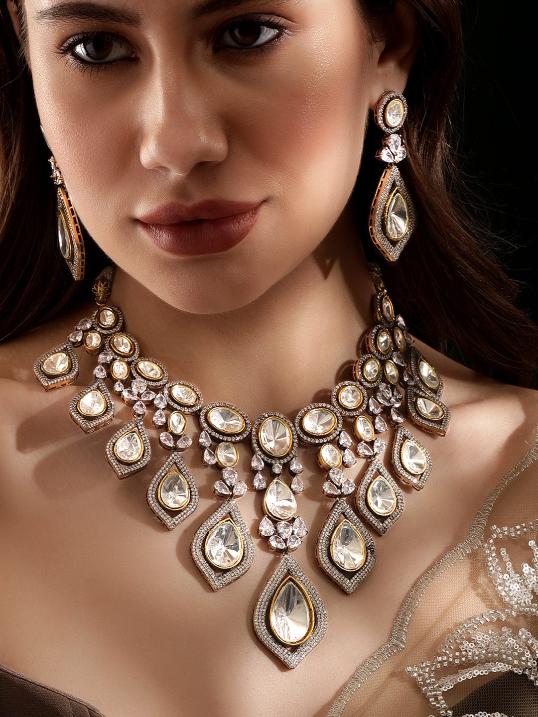 Rubans Regal Reverie: Reverse AD &amp; Kudan Stone Wedding Necklace Set Jewellery Sets