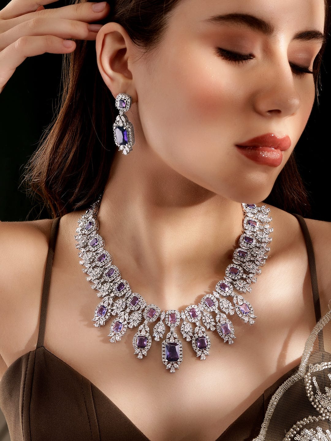 Rubans Rhodium plated amethyst Zirconia Statement Luxury Necklace Set Jewellery Sets