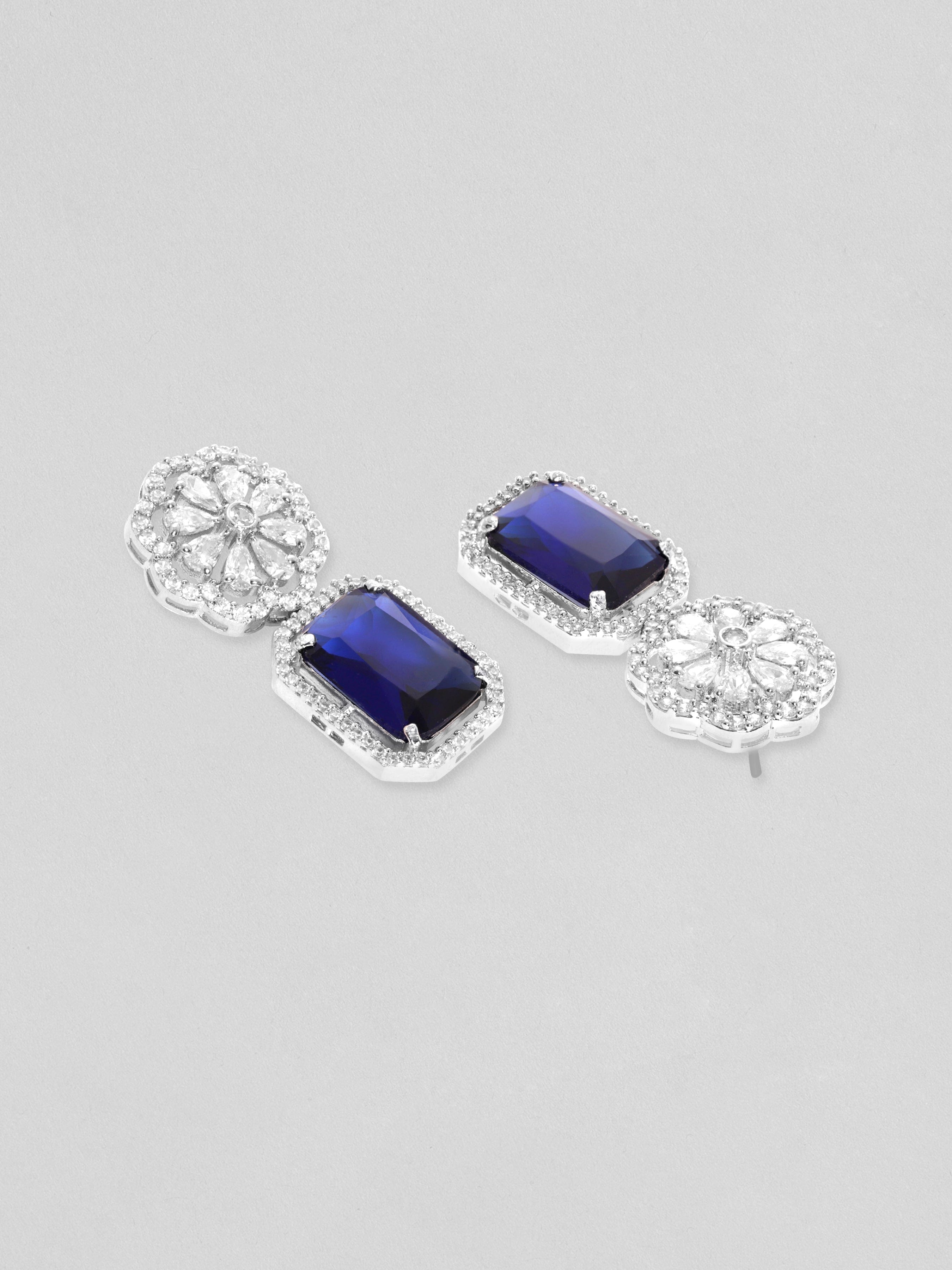 Rubans Rhodium Plated Blue Sapphire Zirconia Dangle Earrings Earrings