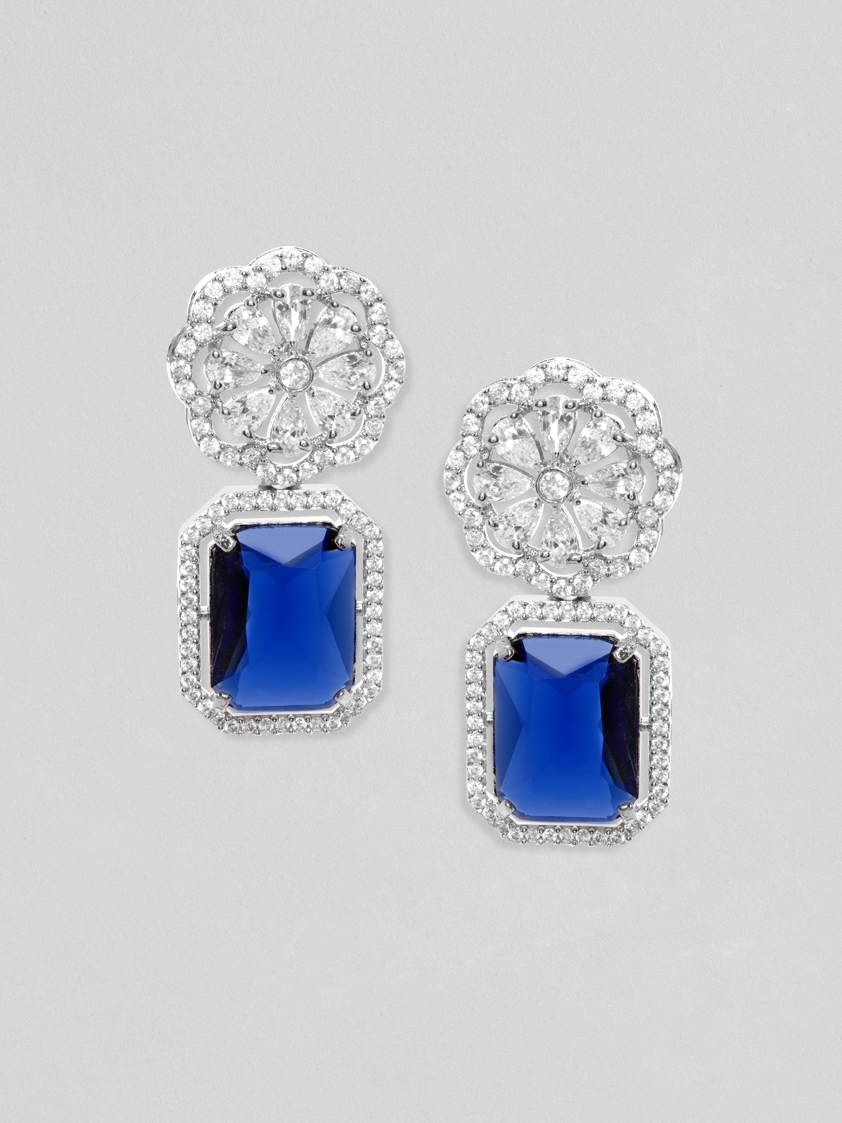 Rubans Rhodium Plated Blue Sapphire Zirconia Dangle Earrings Earrings