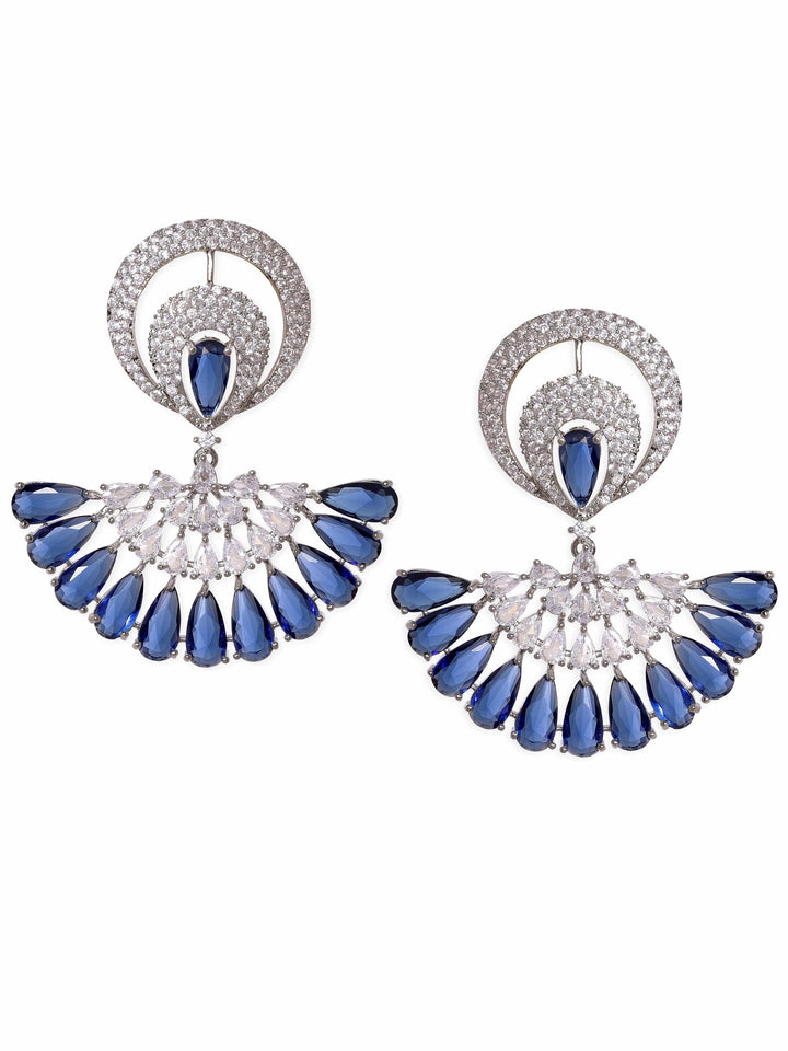 Rubans Rhodium Plated Blue Sapphire Zirconia Studded Chic Dangle Earrings Earrings