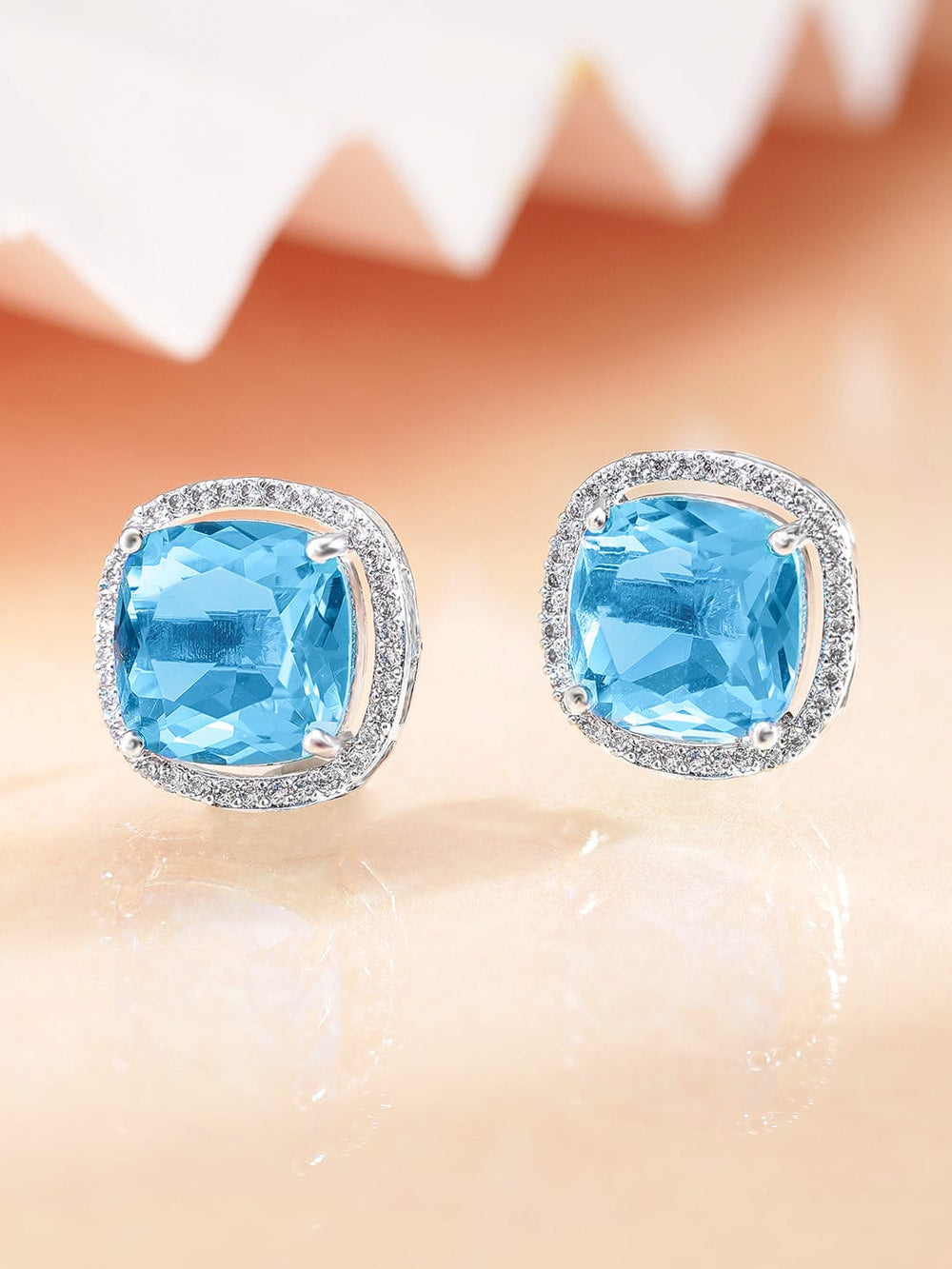 Rubans Rhodium plated Blue Zirconia Cushion cut Classy stud Earring Earrings