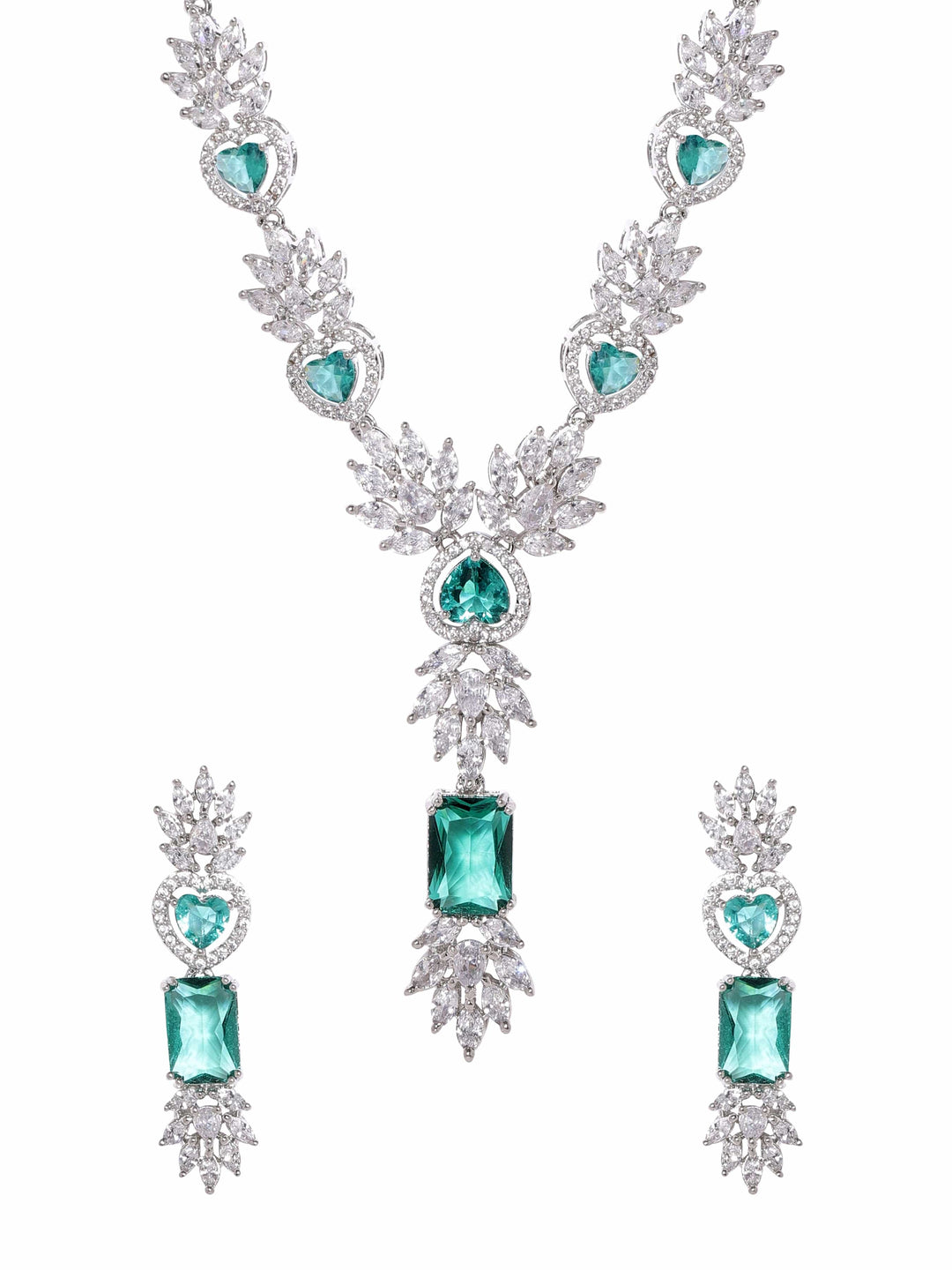 Rubans Rhodium Plated Blue Zirconia Studded Pendant Drop Necklace Set Jewellery Sets